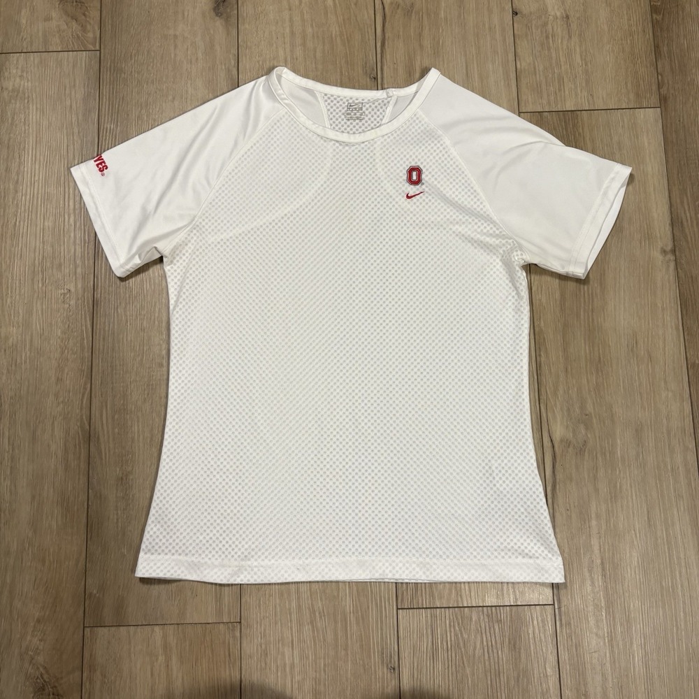 Nike Team Ohio State Womens Short Sleeve White Block O Crewneck Fitted Dri Fit M